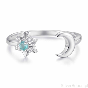 Pierścionek regulowany śnieżynka i księżyc ze srebra 925 – zimowy motyw z niebieskim akcentem