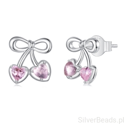 Srebrne kolczyki kokardki z różowymi serduszkami – romantyczny blask