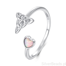Srebrny uniwersalny pierścionek węzeł celtycki z opalizującym sercem