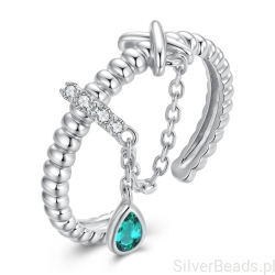 Srebrny nietypowy pierścionek regulowany z ozdobnym łańcuszkiem 