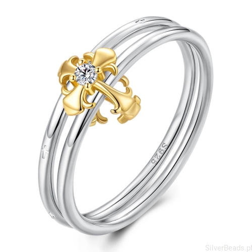 pierścionek krzyż srebro 925 pozłacany