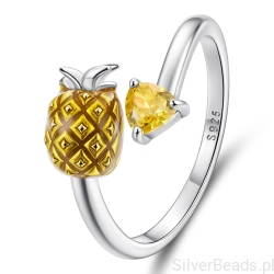 Srebrny pierścionek uniwersalny ananas z cytrynową cyrkonią na wakacje srebro 925