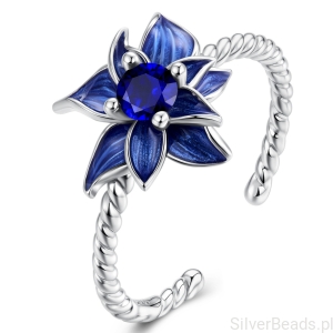 Srebrny pierścionek uniwersalny niebieski kwiat dla mamy na prezent