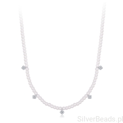 Srebrny elegancki naszyjnik z perełek z kryształowymi koniczynkami na szczęście srebro 925