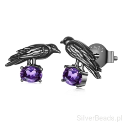 Srebrne kolczyki emaliowane kruki z fioletowymi kryształami srebro 925