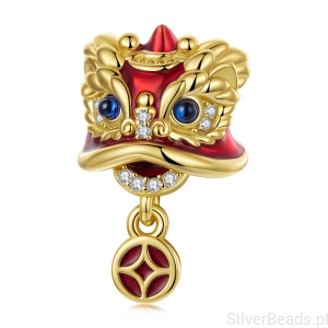 Srebrny pozłacany charms chiński lew szczęścia symbol ochrony i powodzenia