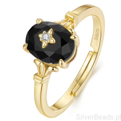 Srebrny regulowany pierścionek uniwersalny z czarnym kamieniem i gwiazdką