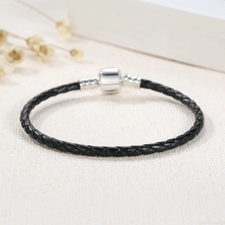 Srebro 925 i skóra. Czarna bransoletka modułowa charms 18 cm C302