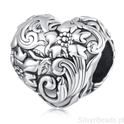 Srebrny charms serce zdobione kwiaty i ornamenty srebro 925