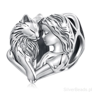 Srebrny charms dziewczynka z kotkiem miłość symbol więzi