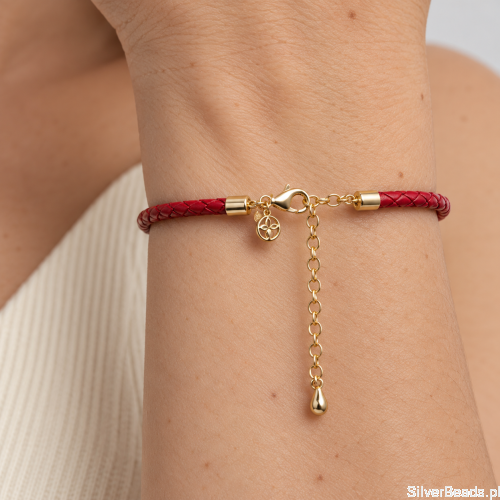 Czerwona bransoletka skórzana ze srebrnym pozłacanym zapięciem 925 – SilverBeads