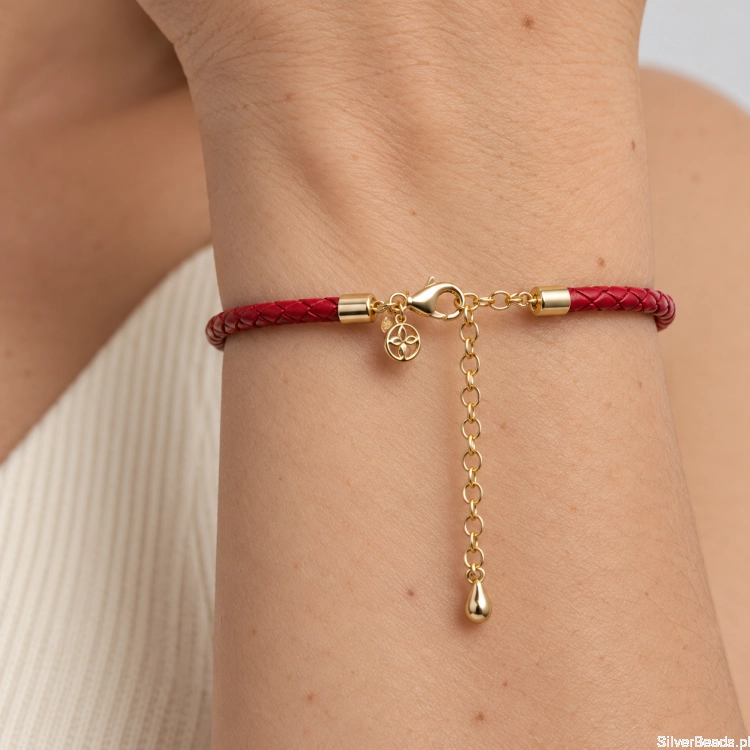 Czerwona bransoletka skórzana ze srebrnym pozłacanym zapięciem 925 – SilverBeads