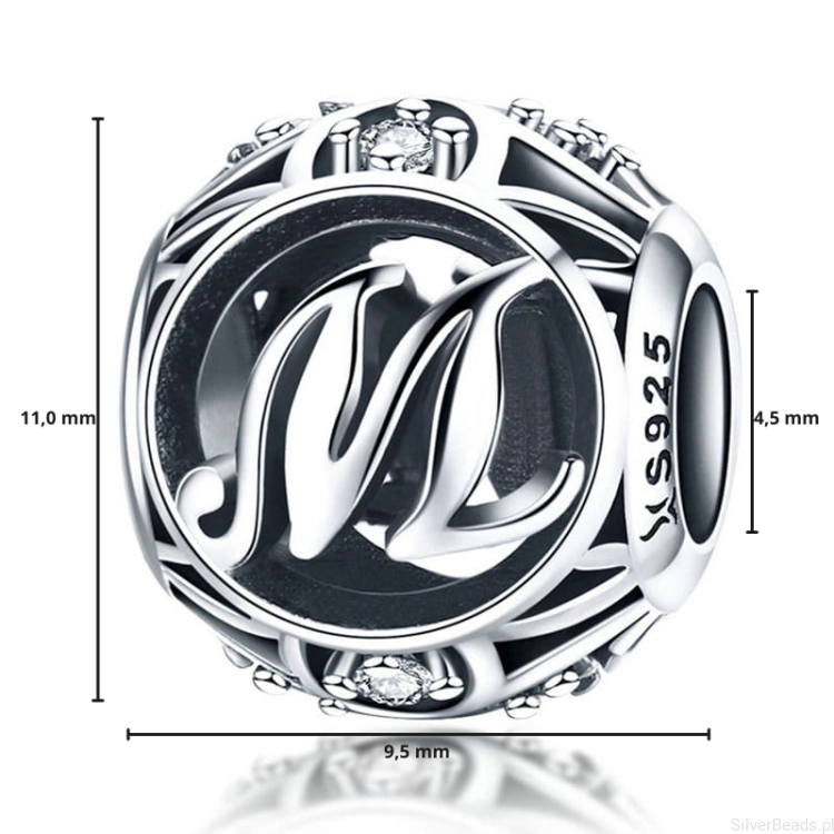 G023 wymiary charms srebro 925 wielkość rozmiar zawieszka litera M alfabet.png