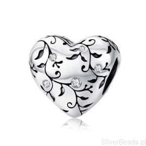 Serce z roślinnym wzorem charms koralik srebro 925 beads