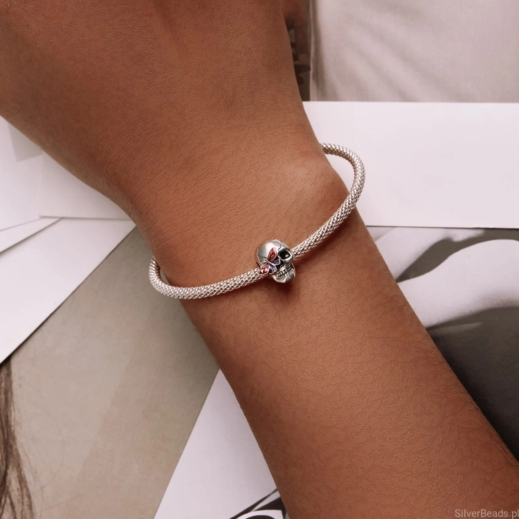 srebrny charms czaszka do Pandora i innych bransoletek modułowych znanych producentów G321