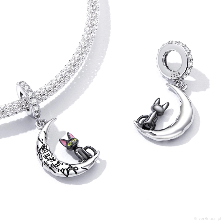 srebrne zawieszki charms kotki na księżycu G322