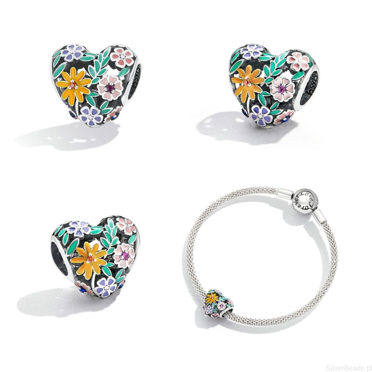 Srebrna zawieszka serce kwiaty charms do bransoletki modułowej charms G327