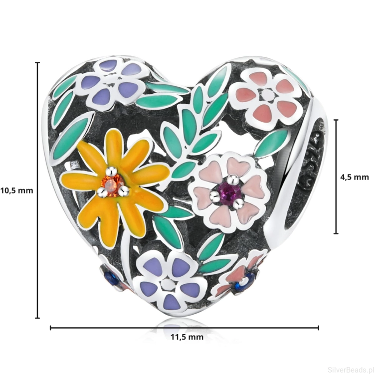 G327 wymiary charms wielkość rozmiar zawieszka do bransoletki modułowej srebro925 serce charms kwiaty