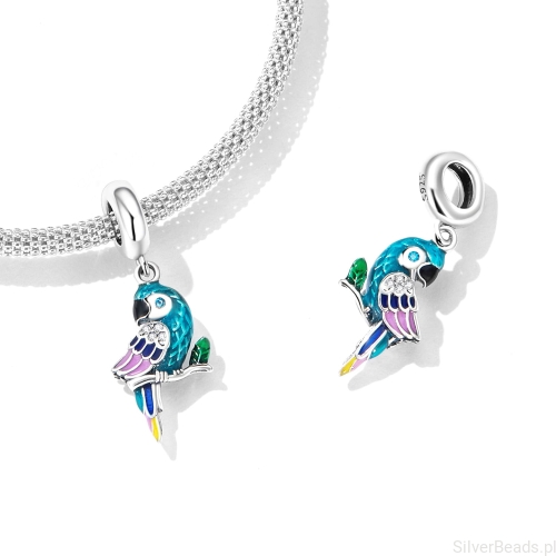 Srebrne charmsy papugi do bransoletek modułowych zawieszka papuga charms G332