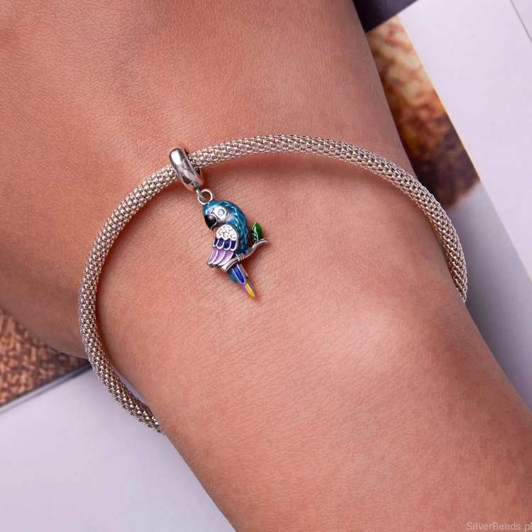 srebrna zawieszka charms papuga do Pandora i innych bransoletek modułowych G332