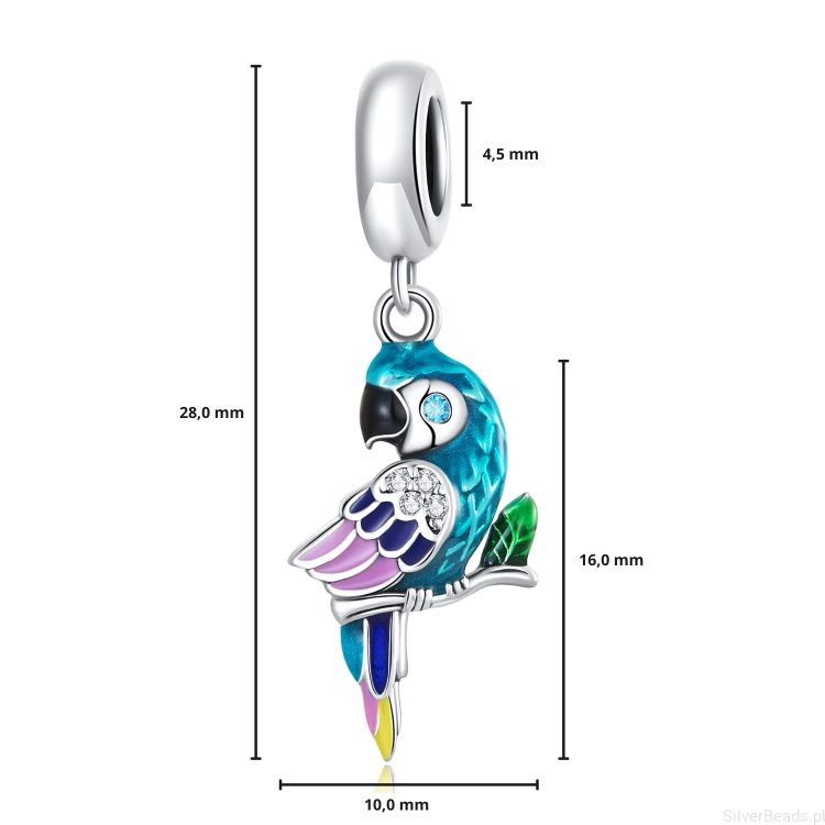 G332 wymiary charms papuga wielkość rozmiar zawieszka srebro925